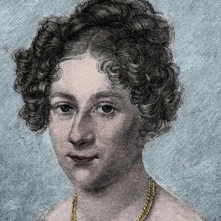 Nachkolorierte Zeichnung einer jungen Frau mit hochgesteckten Haaren und Ponny-Locken und  einer schlichten Kette auf dem De­kolle­té.