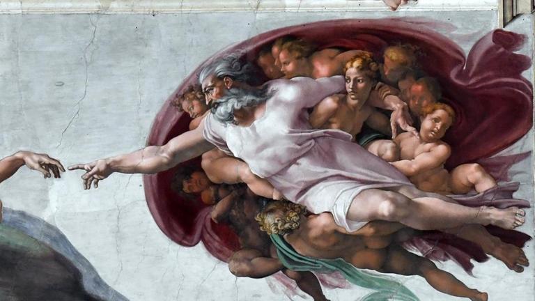 Der Flugwind hat den Ärmel seines Gewands hochgeschoben, bis hinauf zur rechten Schulter. Er gibt Gottes kraftvollen Arm frei. Ein leises Lächeln umspielt zugleich seine Lippen. Als wäre seine Bewegung hin zu Adam getragen von einem großen "Ich liebe: ich will, dass du bist". Der Flugwind hat den Ärmel seines Gewands hochgeschoben, bis hinauf zur rechten Schulter. Er gibt Gottes kraftvollen Arm frei. Ein leises Lächeln umspielt zugleich seine Lippen. Als wäre seine Bewegung hin zu Adam getragen von einem großen "Ich liebe: ich will, dass du bist".