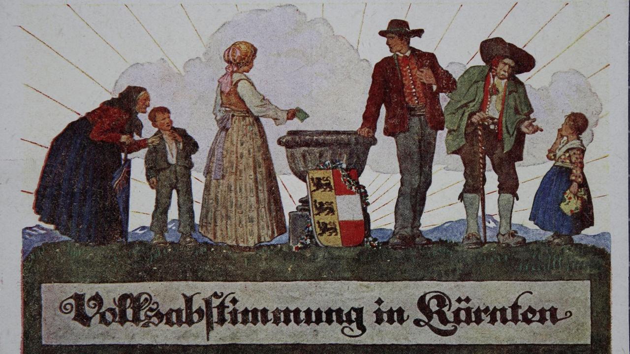 Gezeichnete Propagandapostkarte von 1920, auf der Menschen in Tracht zu sehen, die aufgereiht neben einer Wahlurne stehen. Gezeichnete Propagandapostkarte von 1920, auf der Menschen in Tracht zu sehen, die aufgereiht neben einer Wahlurne stehen.