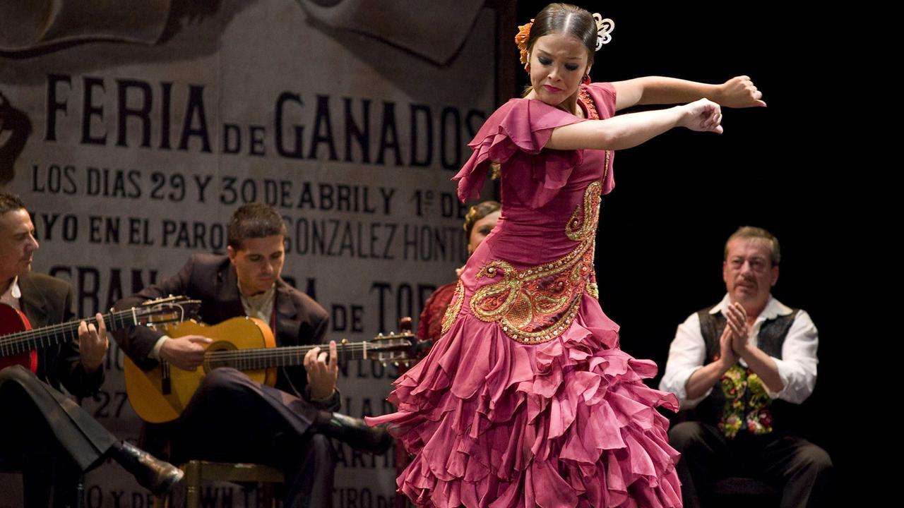 Eine Flamencotänzerin auf einem Festival - im Hintergrund spielen Musiker. Das Show ist in Madrid. Eine Flamencotänzerin auf einem Festival - im Hintergrund spielen Musiker. Das Show ist in Madrid.