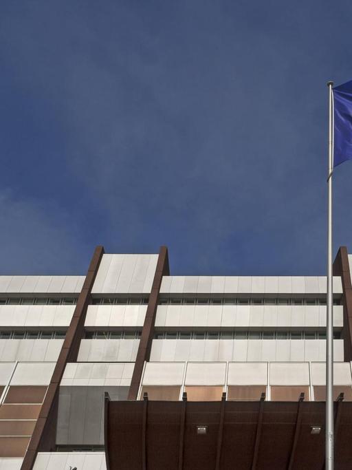 Wehende Europafahne vor dunklem Himmel vor dem Europarat in Straßburg