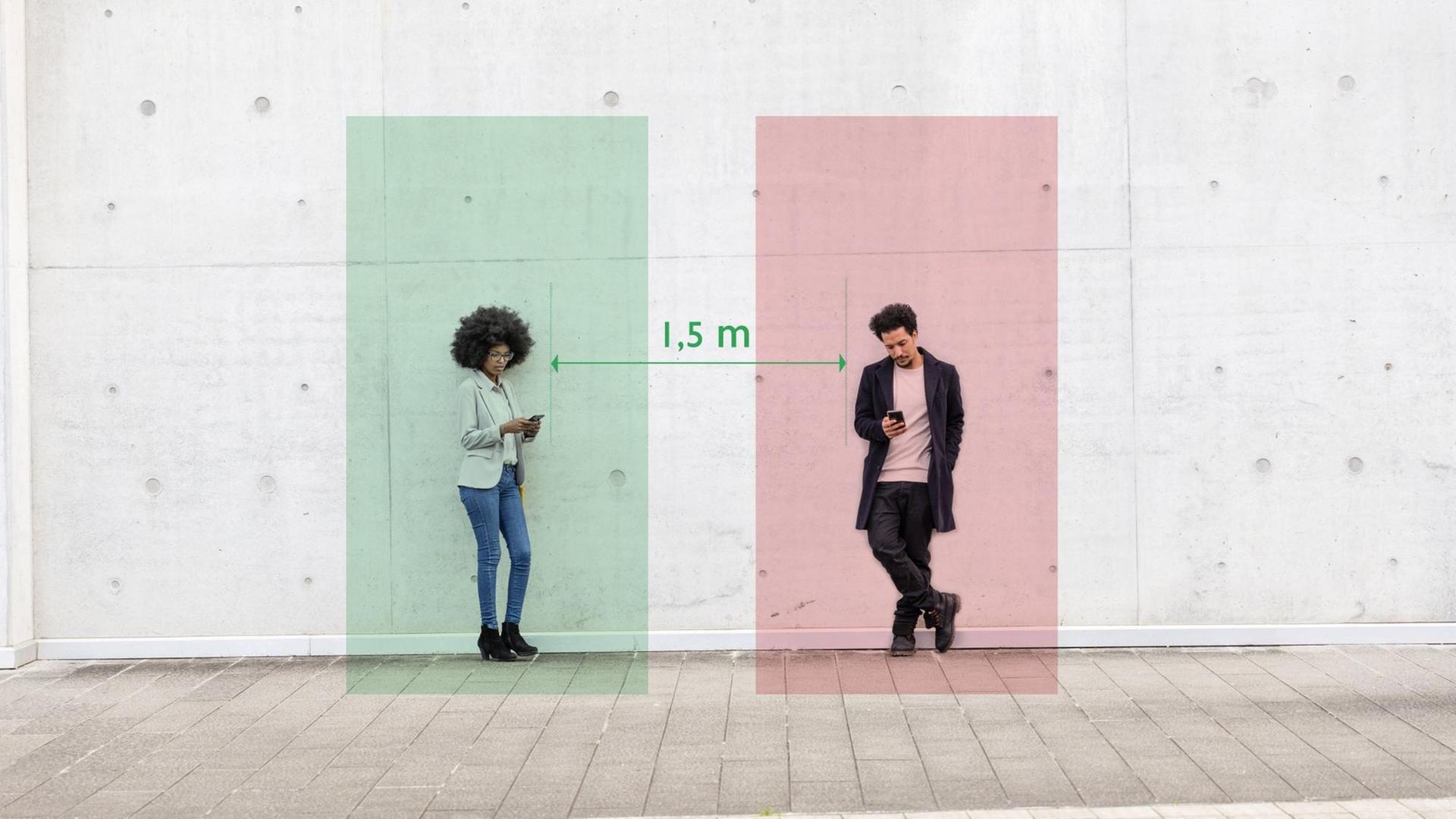 Zwei Menschen halten 1,5 Meter Abstand. Zwei Menschen halten 1,5 Meter Abstand.