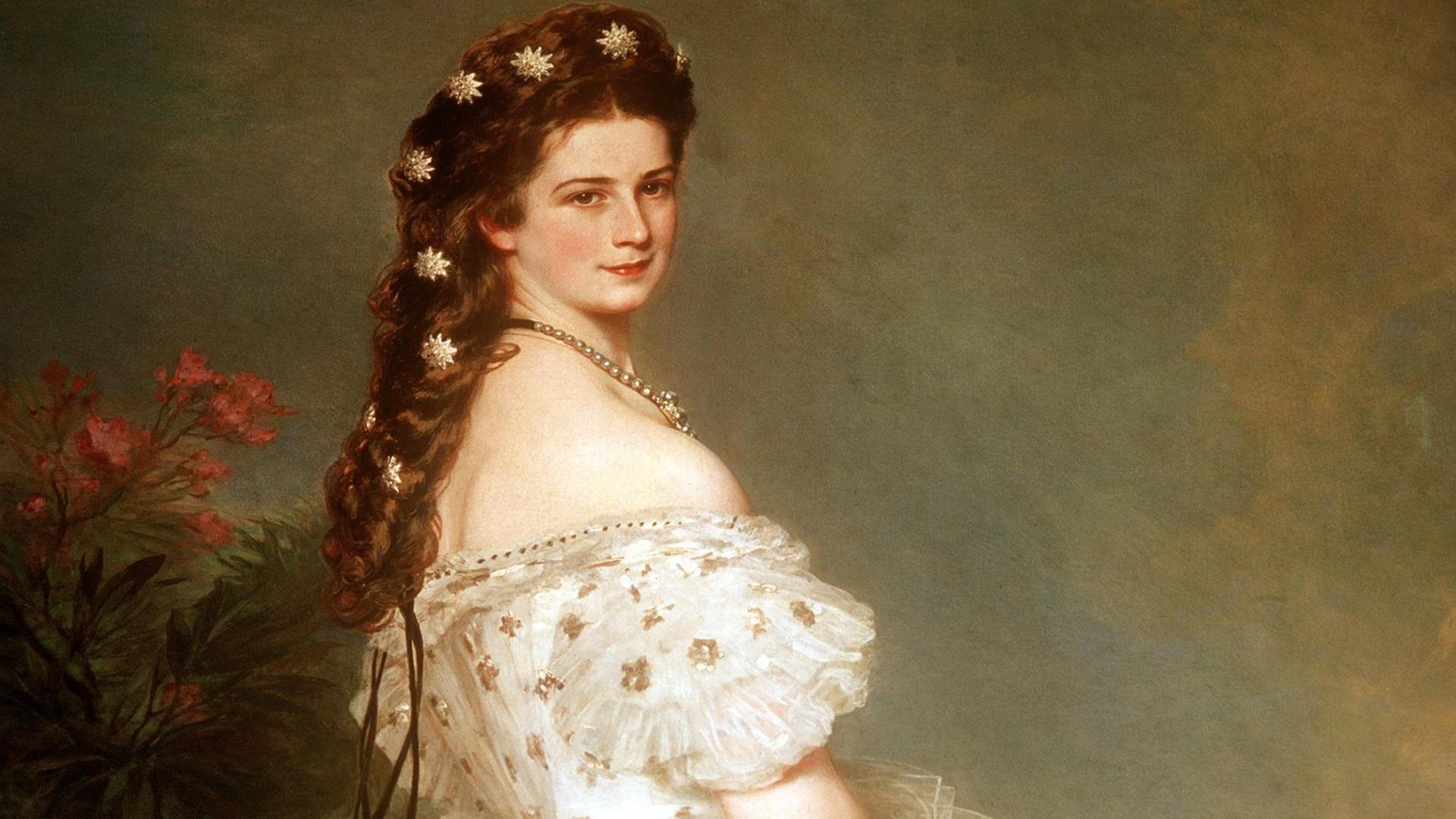 Das Ölgemälde von Franz Xaver Winterhalter zeigt Elisabeth, Kaiserin von Österreich und Königin von Ungarn, in einem schulterfreien weißen Kleid und mit Blumen im Haar. Das Ölgemälde von Franz Xaver Winterhalter zeigt Elisabeth, Kaiserin von Österreich und Königin von Ungarn, in einem schulterfreien weißen Kleid und mit Blumen im Haar.