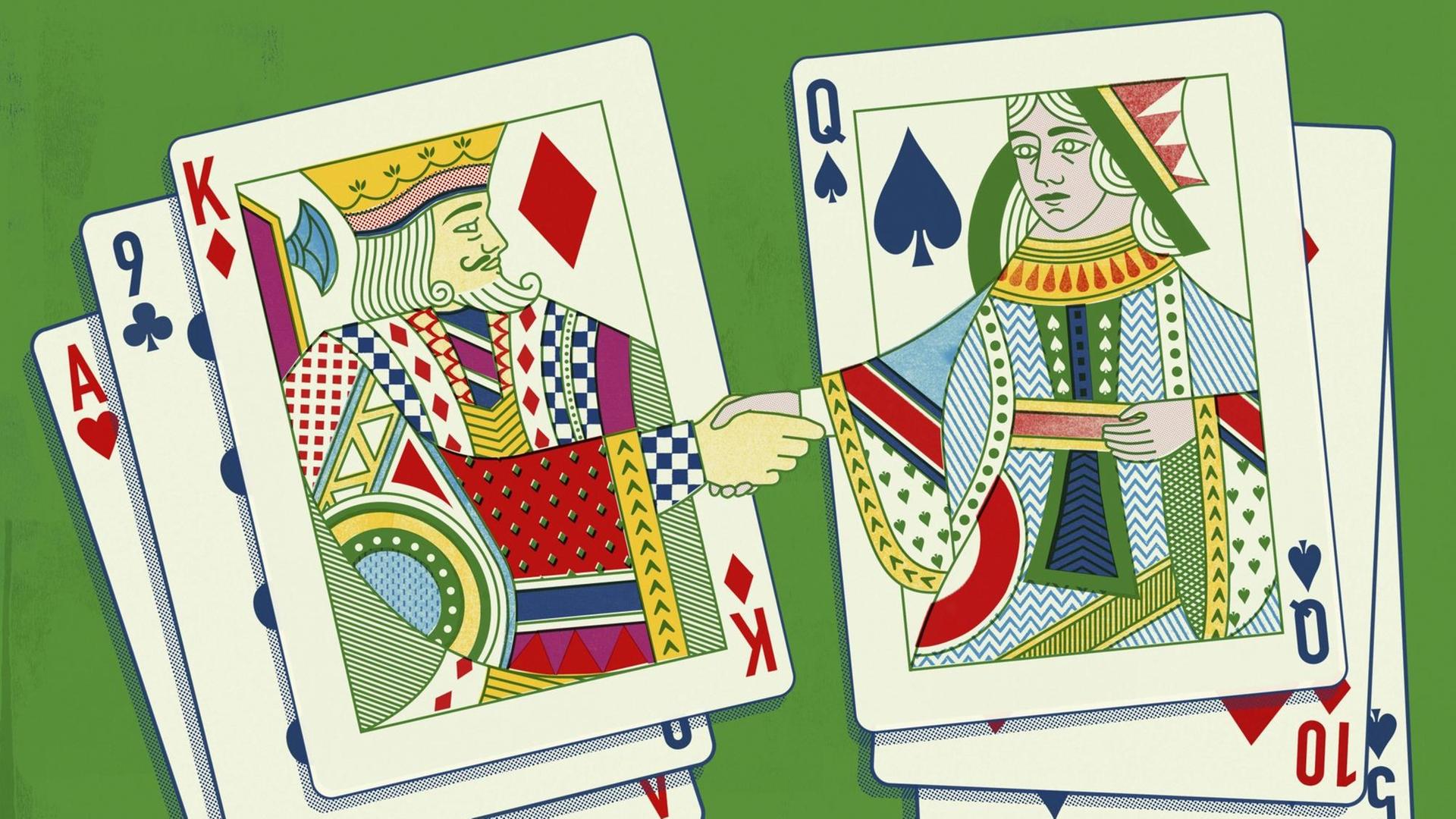 Illustration: König und Dame aus einem Kartenspiel schütteln einander die Hände. Illustration: König und Dame aus einem Kartenspiel schütteln einander die Hände.