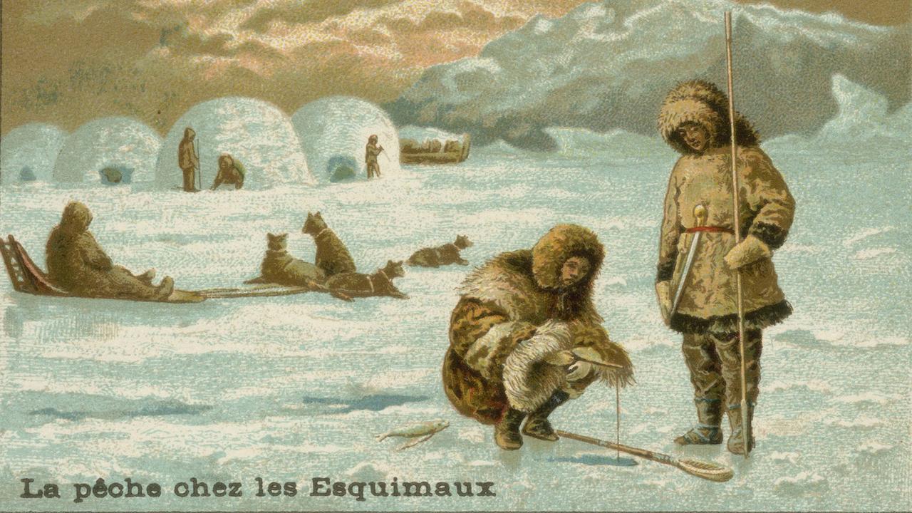Fischfang bei den Inuit: Farblithograhie aus Frankreich, um 1900 Fischfang bei den Inuit: Farblithograhie aus Frankreich, um 1900