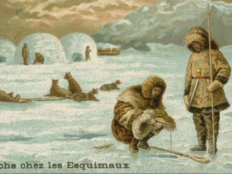 Fischfang bei den Inuit: Farblithograhie aus Frankreich, um 1900