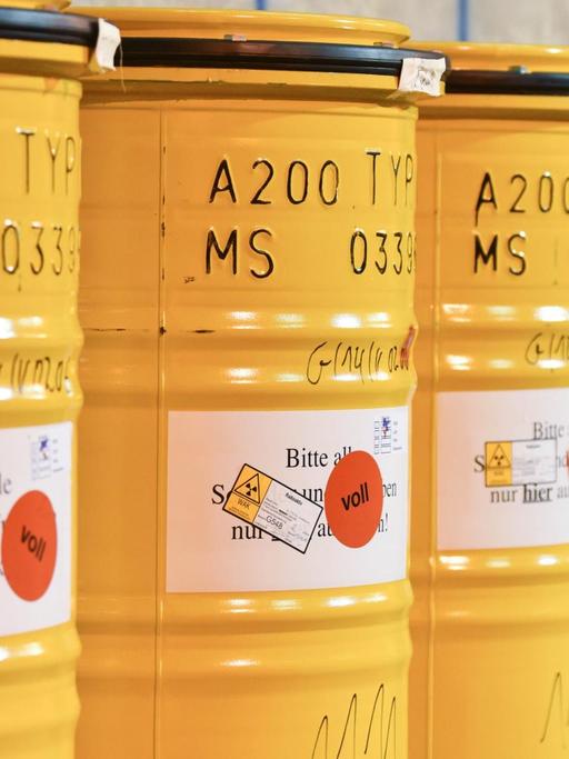 Atommüll-Fässer stehen am 18.11.2014 in Eggenstein-Leopoldshafen auf dem Gelände der Firma WAK.