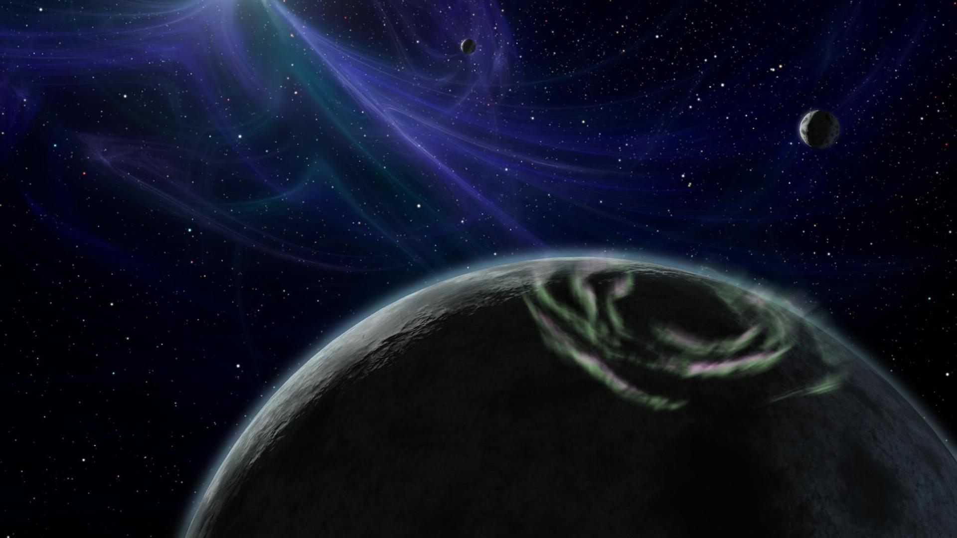 Drei Planeten und ein Pulsar – künstlerischer Eindruck der ersten bestätigten Planete Drei Planeten und ein Pulsar – künstlerischer Eindruck der ersten bestätigten Planete