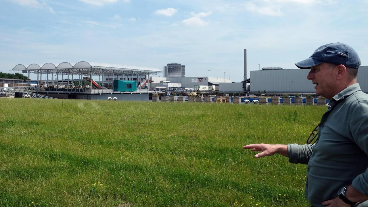 Vom Floß können die Kühe auf die Weide in Rotterdams Hafen geführt werden - zeigt Landwirt Peter van Wingerden. Vom Floß können die Kühe auf die Weide in Rotterdams Hafen geführt werden - zeigt Landwirt Peter van Wingerden.