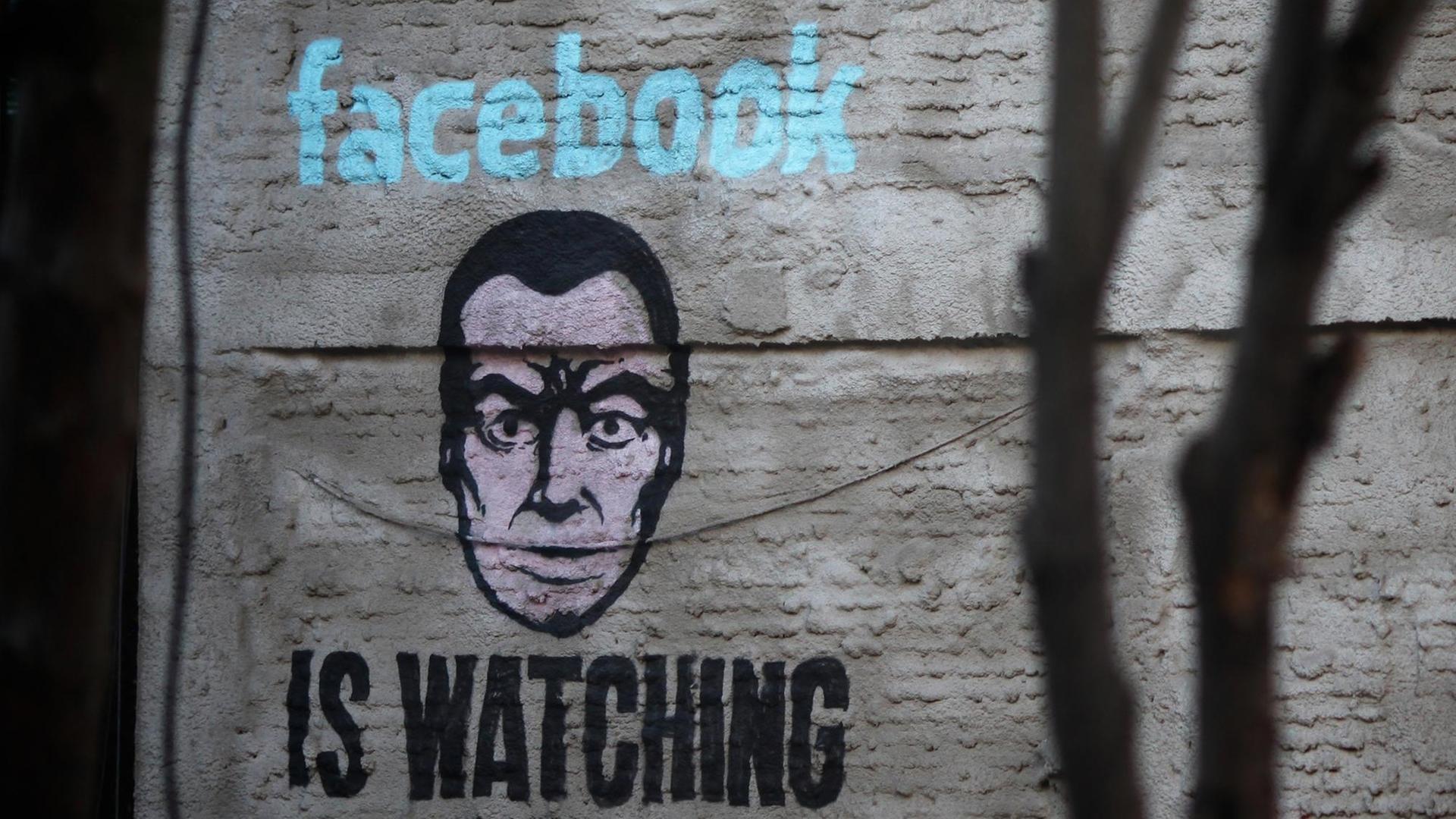 Ein Wandbild an einer Hauswand im Stadtteil Lavapiés von Madrid zeigt ein Gesicht und die Aufschrift "Facebook is watching" in Anspielung auf den von George Orwell in seinem Roman "1984" geschrieben Satz "Big Brother is watching you".