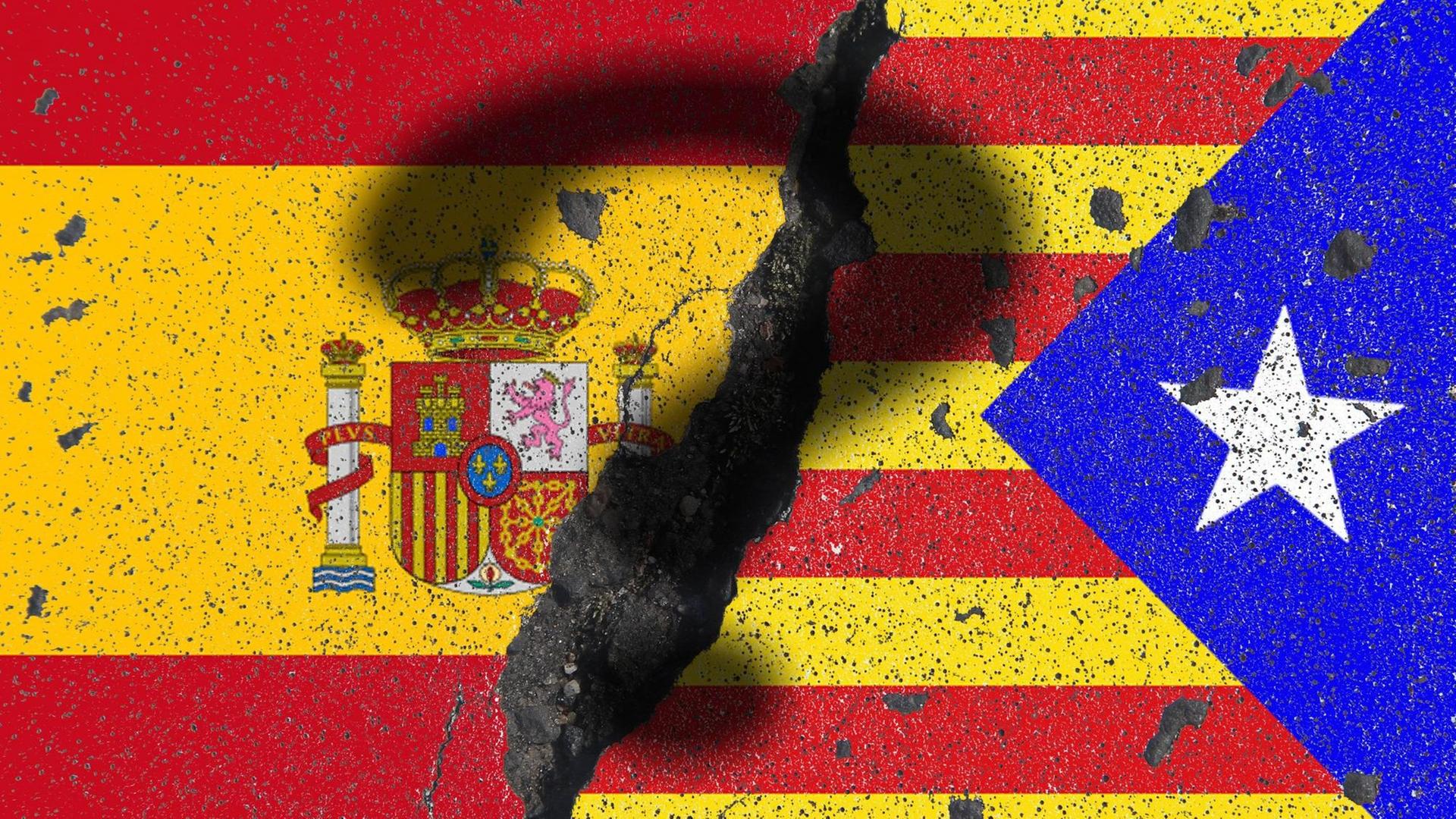 Flaggen von Katalonien und Spanien mit tiefem Graben und Schatten eines Fragezeichen Flaggen von Katalonien und Spanien mit tiefem Graben und Schatten eines Fragezeichen