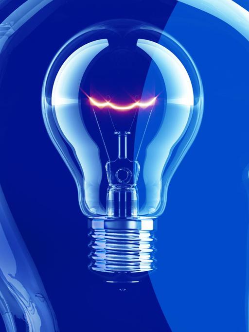 Das Bild zeigt das Logo der Sendung "Campus und Karriere". Vor blauem Hintergrund ist ein gläserner, durchsichtiger Kopf zu sehen, in dem eine Glühbirne glimmt.