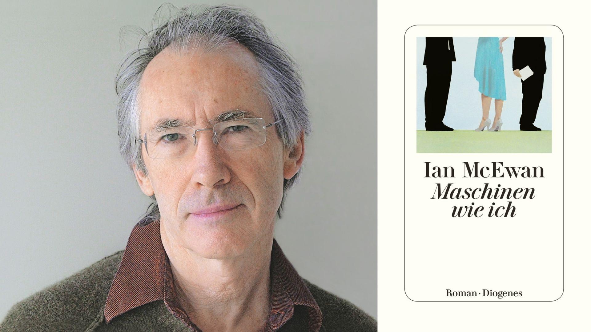 Zu sehen ist der Autor Ian McEwan und das Cover seines Romans "Maschinen wie ich".
