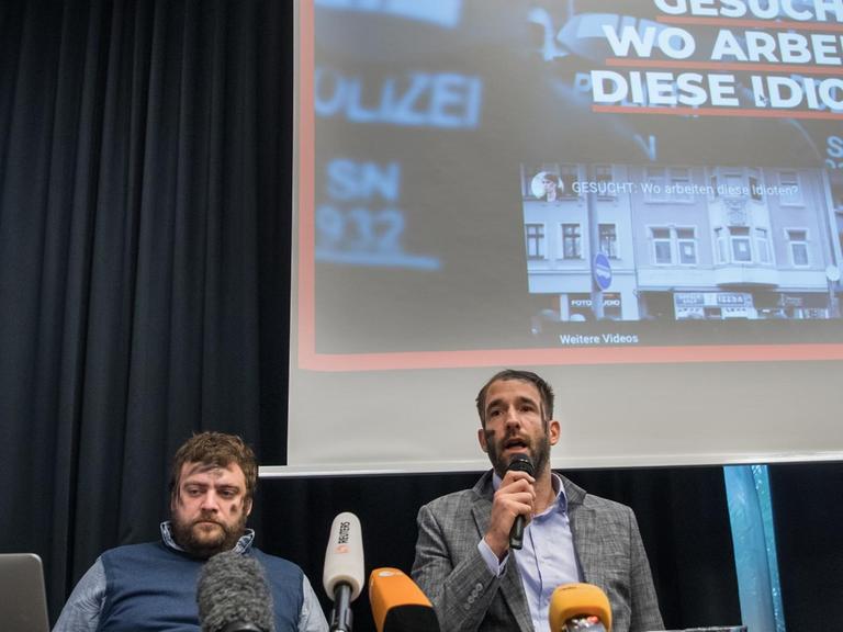 03.12.2018, Berlin: Die Aktivisten vom «Zentrum für Politische Schönheit», Cesy Leonard, Stefan Pelzer und Philipp Ruch, äußern sich bei einer Pressekonferenz zur Aktion «Wir haben etwas zur Aufklärung von Chemnitz beizutragen». Das «Zentrum für Politische Schönheit» hat nach eigenen Angaben 3 Millionen Bilder von über 7.000 Verdächtigen ausgewertet, um Rechtsextreme zu identifizieren. Foto: Bernd von Jutrczenka/dpa