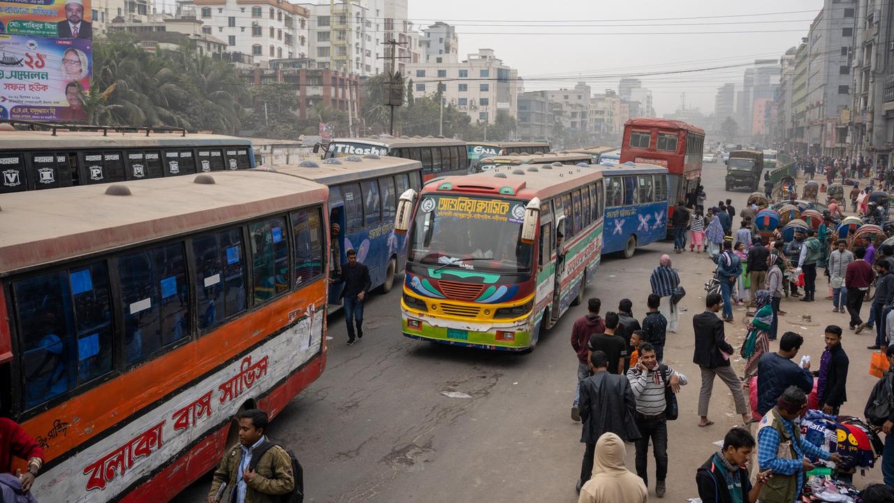 Auf einer Straße stehen links Autobusse, rechts Passanten und Fahrrad-Rikschas Auf einer Straße stehen links Autobusse, rechts Passanten und Fahrrad-Rikschas