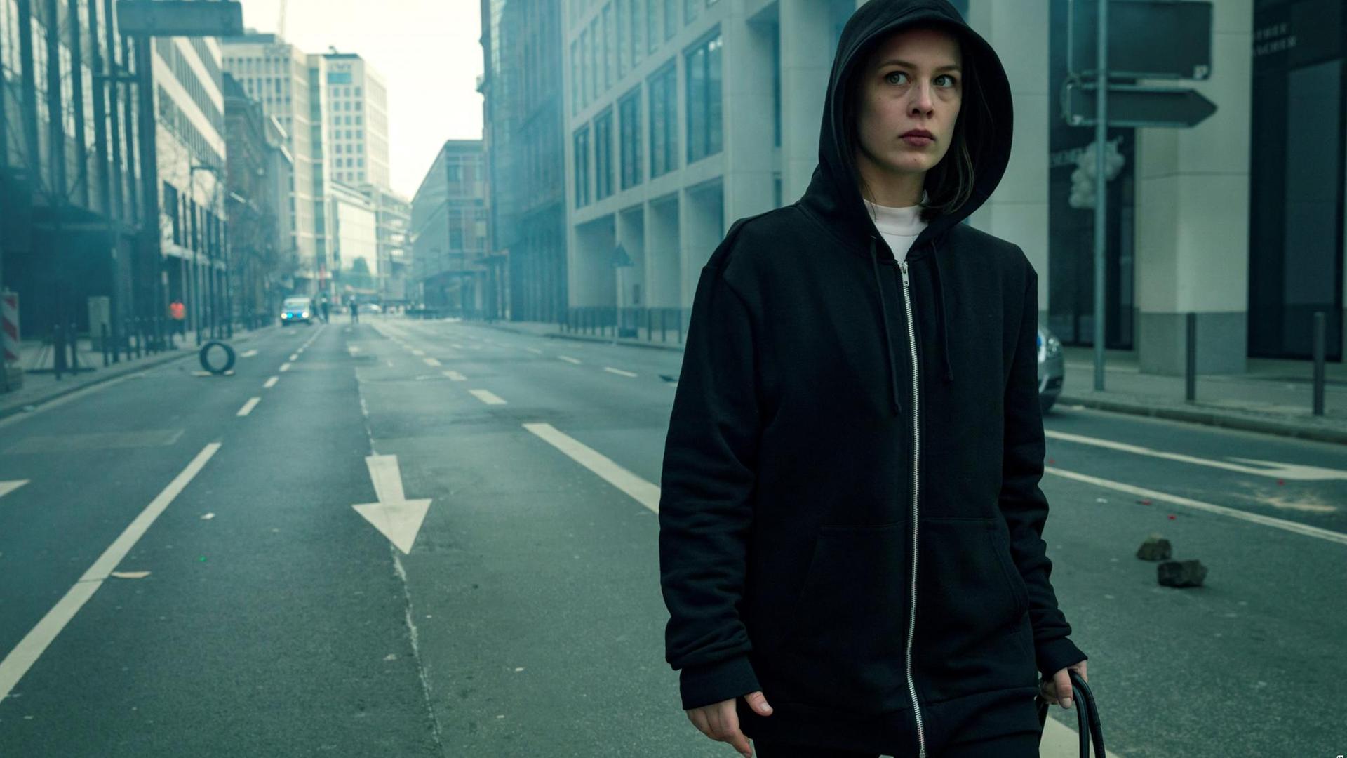 Die Darstellerin geht in einem schwarzen Kapuzenpullover durch eine düstere, leere Straße Die Darstellerin geht in einem schwarzen Kapuzenpullover durch eine düstere, leere Straße