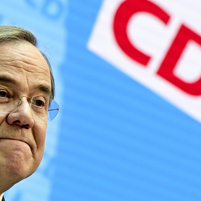 Christian Democratic Union party chairman and North Rhine-Westphalia state governor Armin Laschet attends a news conference at the party's headquarters in Berlin, Germany, Tuesday, April 20, 2021. Armin Laschet will lead Chancellor Angela Merkel’s center-right bloc as chancellor candidate into the German election in September. (Tobias Schwarz/Pool via AP)