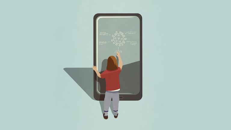 Eine Illustration zeigt ein Mädchen vor ein überdimensionalen Smartphone-Bildschirm auf dem das Coronavirus dargestellt ist. Eine Illustration zeigt ein Mädchen vor ein überdimensionalen Smartphone-Bildschirm auf dem das Coronavirus dargestellt ist.