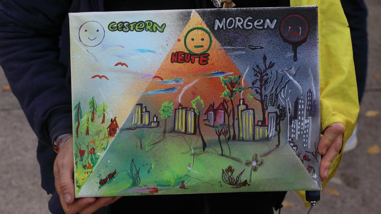 Die Schüler fordern mit ihren Protesten den sofortigen Kohleausstieg, eine Klimawende, die Einhaltung der Ziele des Pariser Abkommens und des 1,5-Grad-Ziels. Ein Demoschild mit der Aufschrift "GESTERN - HEUTE - MORGEN" zeigt die Zerstörung der Natur. Die Schüler fordern mit ihren Protesten den sofortigen Kohleausstieg, eine Klimawende, die Einhaltung der Ziele des Pariser Abkommens und des 1,5-Grad-Ziels. Ein Demoschild mit der Aufschrift "GESTERN - HEUTE - MORGEN" zeigt die Zerstörung der Natur.