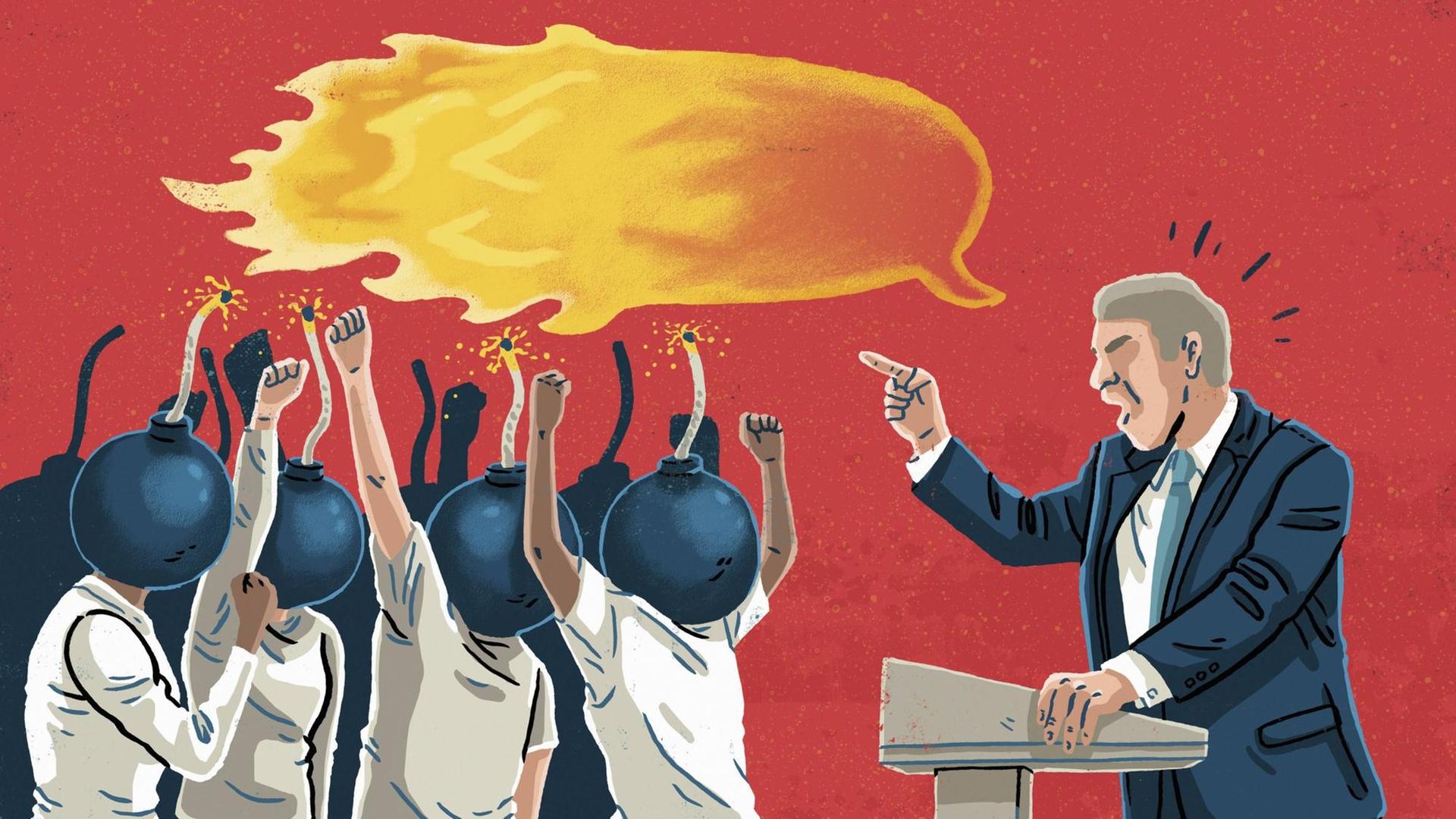 Eine Illustration zeigt vor rotem Hintergrund einen Politiker, der eine mit Bomben als Köpfen stilisierte Menge mit aufrührerischer Sprache anheizt. Eine Illustration zeigt vor rotem Hintergrund einen Politiker, der eine mit Bomben als Köpfen stilisierte Menge mit aufrührerischer Sprache anheizt.