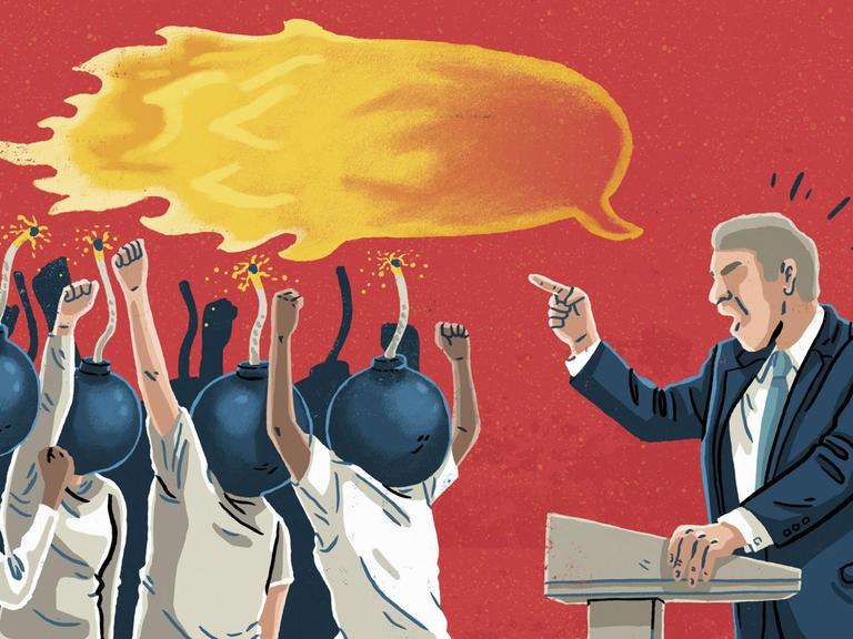 Eine Illustration zeigt vor rotem Hintergrund einen Politiker, der eine mit Bomben als Köpfen stilisierte Menge mit aufrührerischer Sprache anheizt.