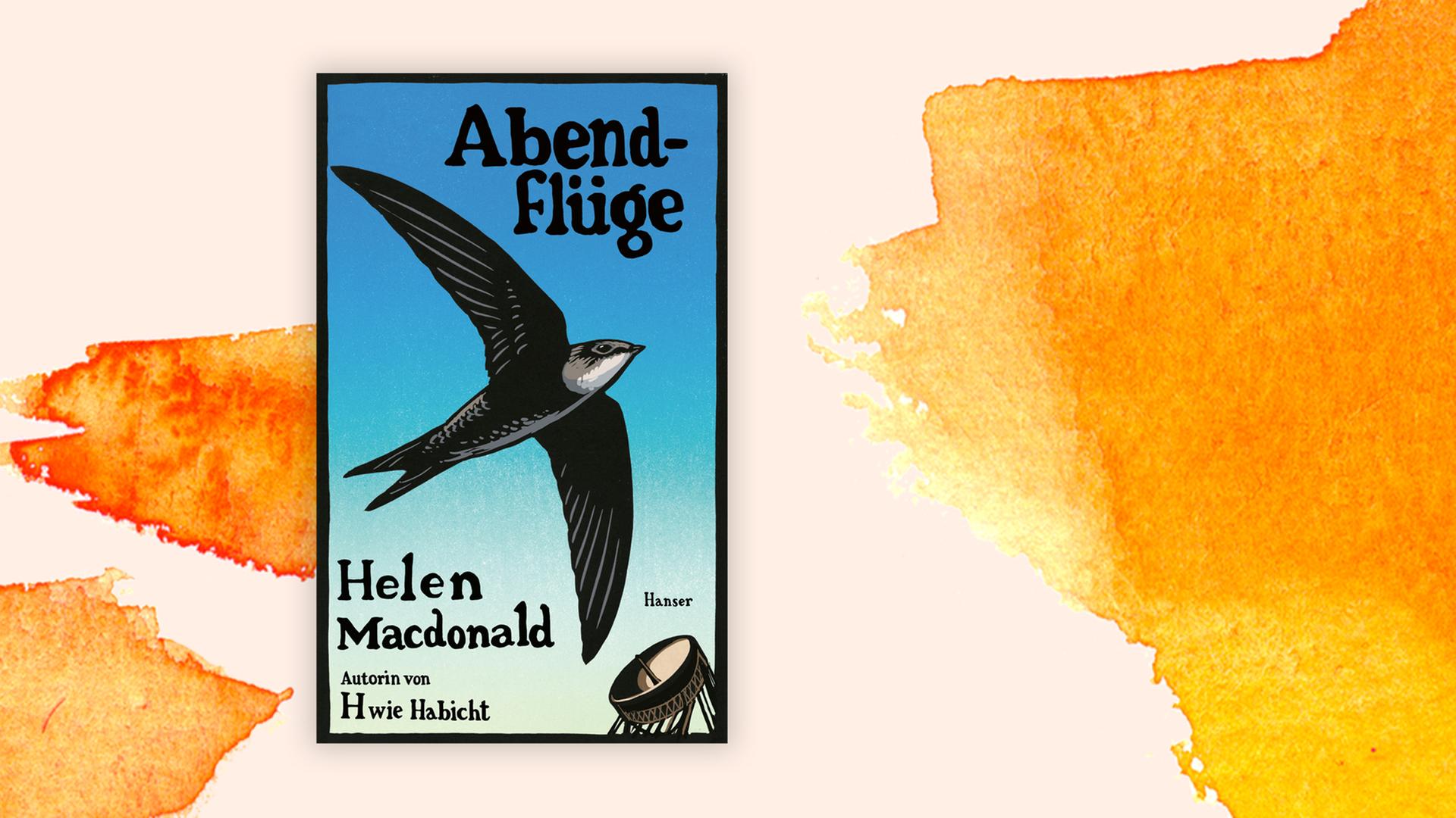 Das Buchcover "Abendflüge", mit der Illustration einer Schwalbe am blauen Himmel, ist vor einem grafischen Hintergrund zu sehen. Das Buchcover "Abendflüge", mit der Illustration einer Schwalbe am blauen Himmel, ist vor einem grafischen Hintergrund zu sehen.