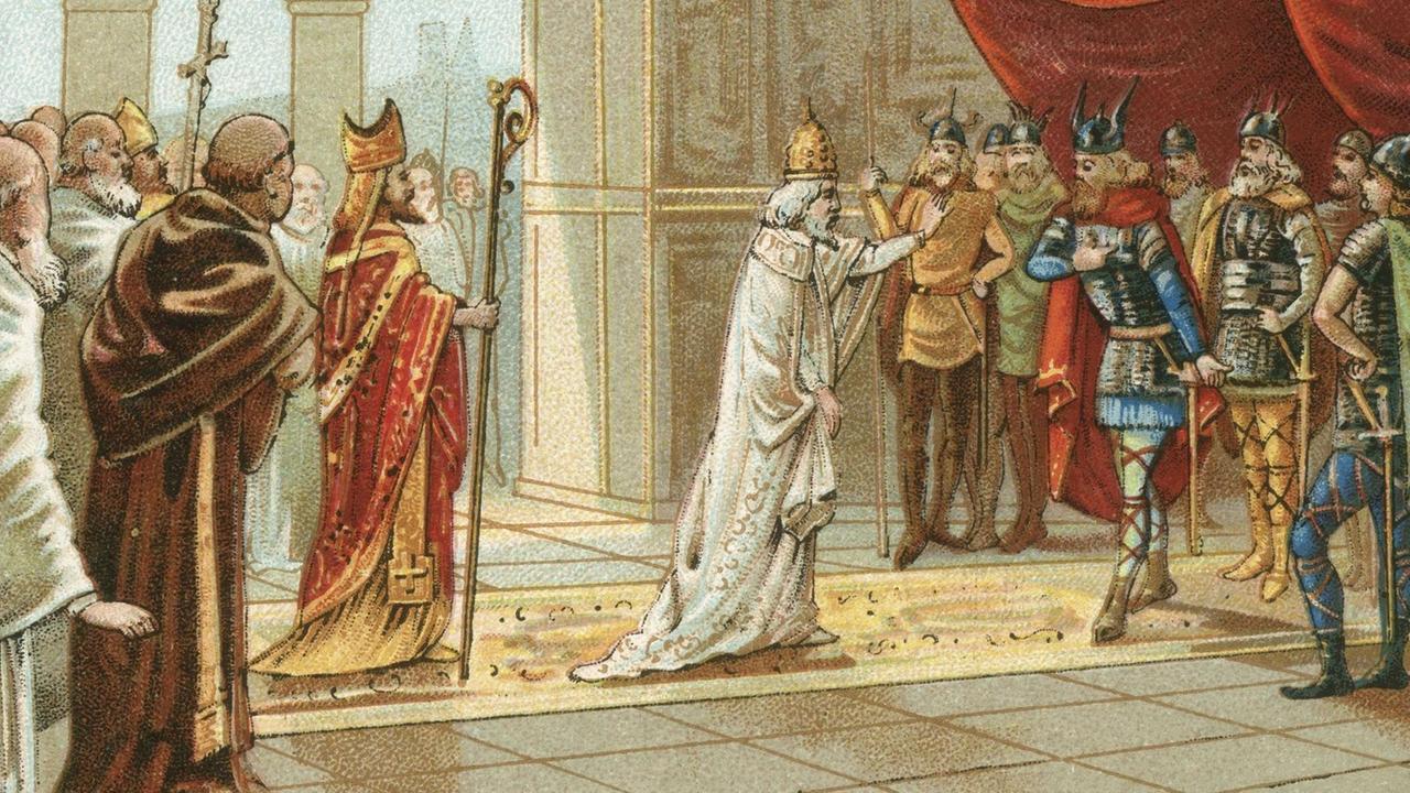 9IT-755-0-0-A2 (916294)
Pippin d.J. u.Papst Stephan III. /Litho.
Langobardenreich in Oberitalien 568-
774 / Feldzug des Frankenkönigs Pippin
d.J. gegen den Langobardenkönig Aistulf
755/756. / - 'Le Pape Étienne II
implore le secours de Pépin le Bref
(..)' (Papst Stephan II. bittet Pippin
um Hilfe gegen die Lombarden). - /
Farblithographie, um 1890. Sammelbild-
chen 'Chocolaterie d'Aiguebelle'. | 9IT-755-0-0-A2 (916294)
Pippin d.J. u.Papst Stephan III. /Litho.
Langobardenreich in Oberitalien 568-
774 / Feldzug des Frankenkönigs Pippin
d.J. gegen den Langobardenkönig Aistulf
755/756. / - 'Le Pape Étienne II
implore le secours de Pépin le Bref
(..)' (Papst Stephan II. bittet Pippin
um Hilfe gegen die Lombarden). - /
Farblithographie, um 1890. Sammelbild-
chen 'Chocolaterie d'Aiguebelle'. |