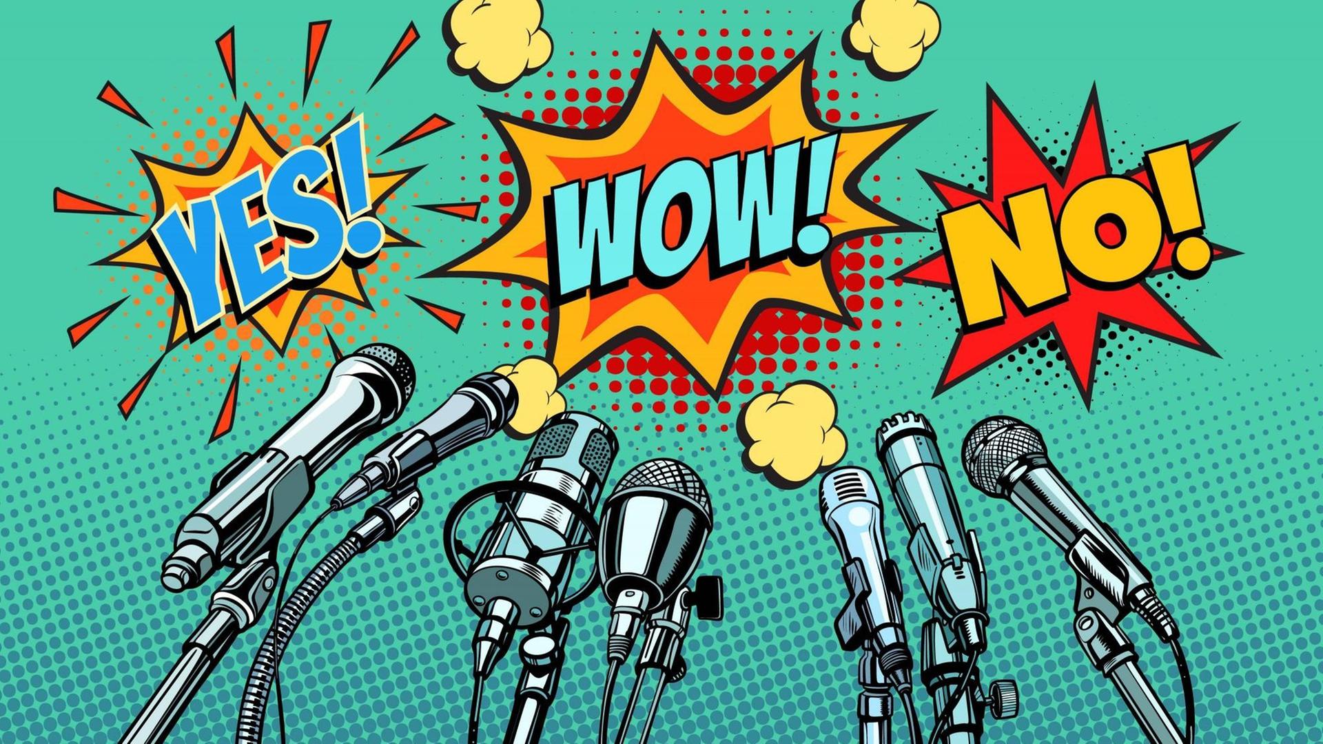 Eine Illustration zeigt Mikrofone und die Ausrufe "Yes!", "Wow!" und "No!". Eine Illustration zeigt Mikrofone und die Ausrufe "Yes!", "Wow!" und "No!".