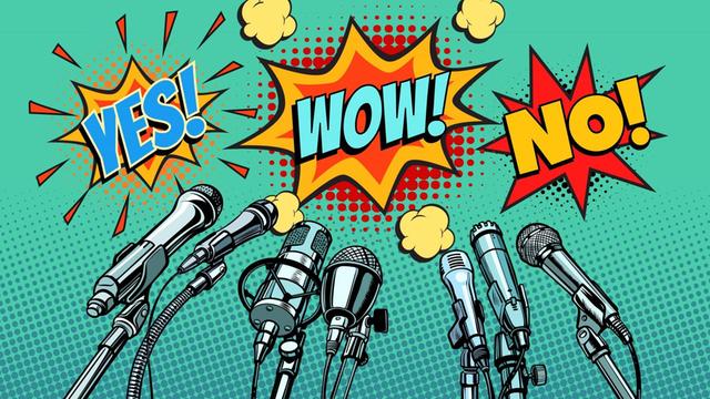 Eine Illustration zeigt Mikrofone und die Ausrufe "Yes!", "Wow!" und "No!".