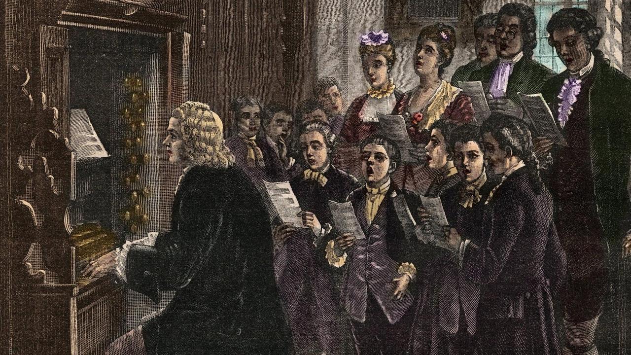 Idealisierte Zeichnung von 1882, auf der ein junger Mann an der Orgel freudig spielt. In seinem Rücken stehen singende Knaben.