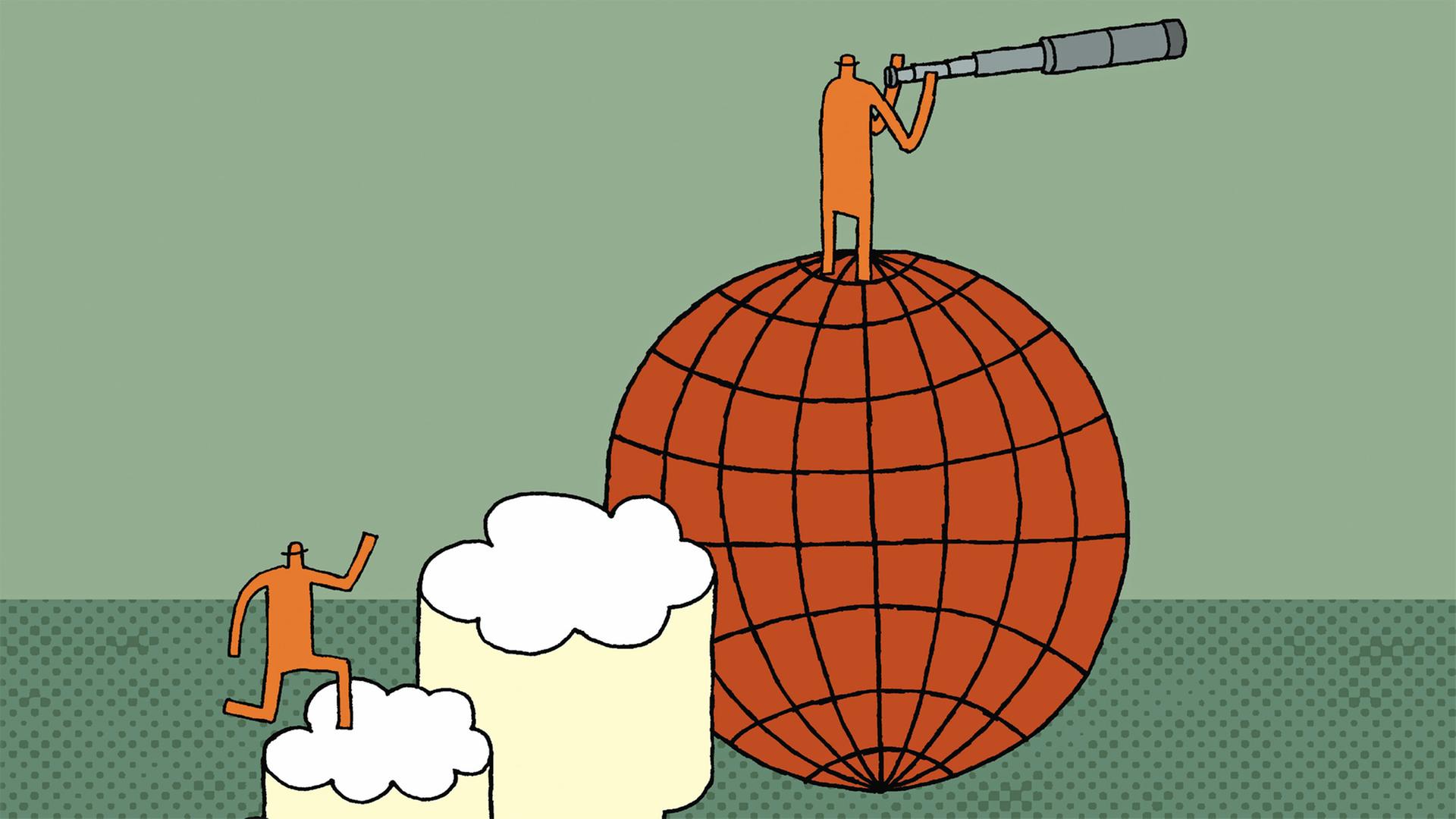 Eine Illustration zeigt einen Mann der mit einem Fernrohr auf einer stilisierten Weltkugel steht: Ein zweiter Mann steigt über Wolken zu ihm hinauf. Eine Illustration zeigt einen Mann der mit einem Fernrohr auf einer stilisierten Weltkugel steht: Ein zweiter Mann steigt über Wolken zu ihm hinauf.
