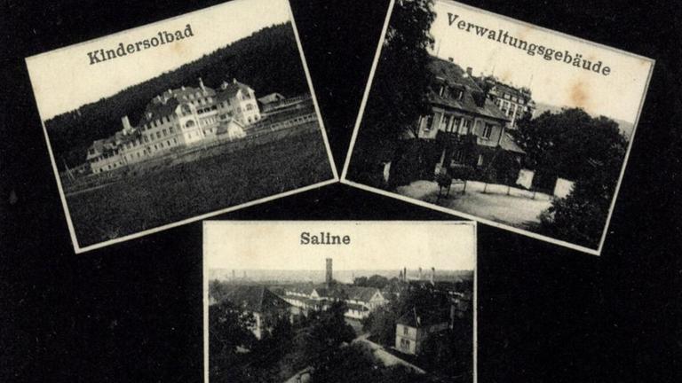 Alte Postkarte mit Ansichten des Kindersolbads, des Verwaltungsgebäudes und der Saline in Bad Dürrheim.