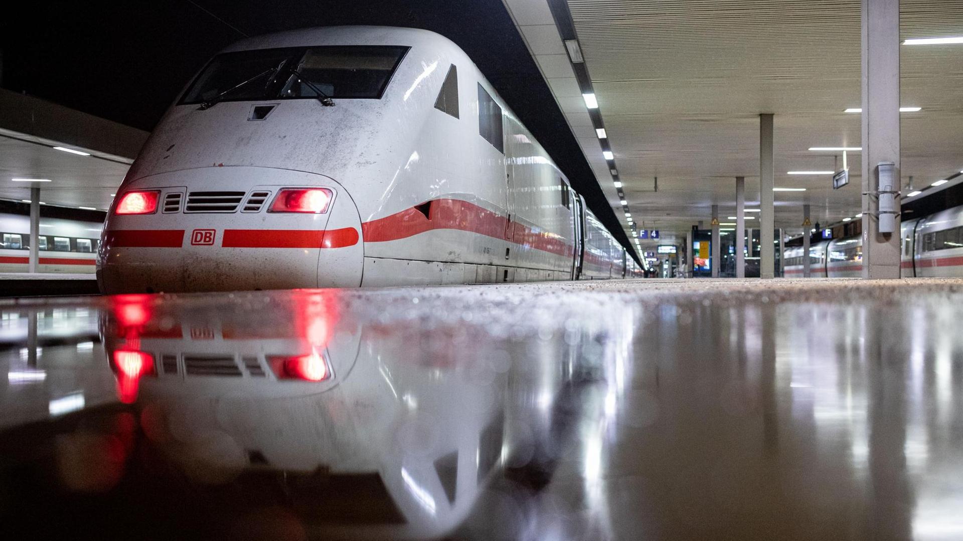 Der Zug steht an einem Gleis, das Bild ist fast aus Bodenhöhe aufgenommen. Der Boden glänz nass.