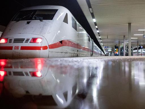 Der Zug steht an einem Gleis, das Bild ist fast aus Bodenhöhe aufgenommen. Der Boden glänz nass.