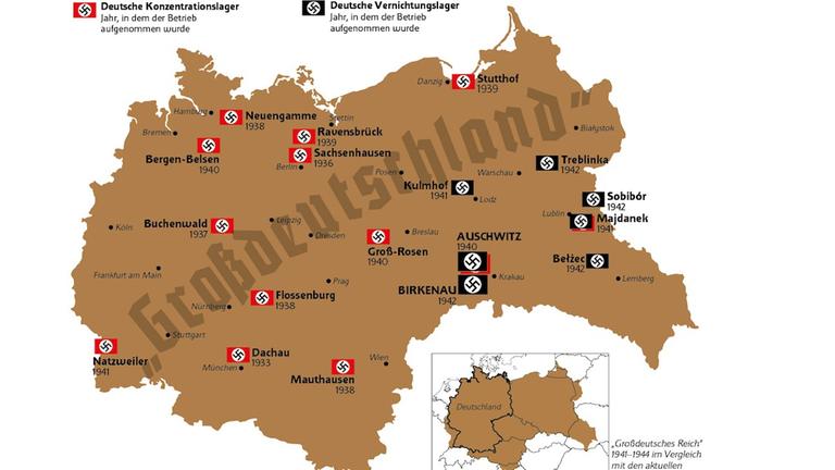Auf der Seite truthaboutcamps.eu ist eine Karte mit den wichtigsten deutschen Konzentrations- und Vernichtungslagern zwischen 1941 und 1944 zu sehen. Auf der Seite truthaboutcamps.eu ist eine Karte mit den wichtigsten deutschen Konzentrations- und Vernichtungslagern zwischen 1941 und 1944 zu sehen.