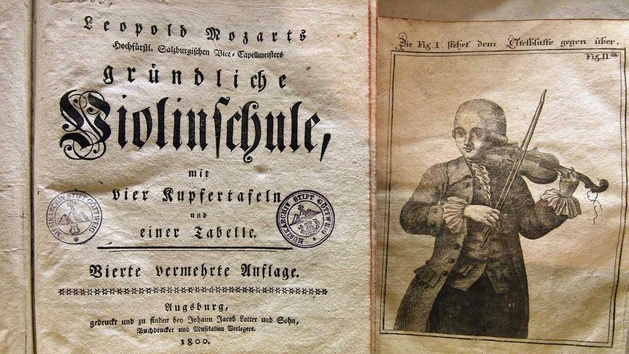 Aufgeschlagenes Buch, mit einer Abbildung eines Hofmusikers, der die Geige korrekt hält.