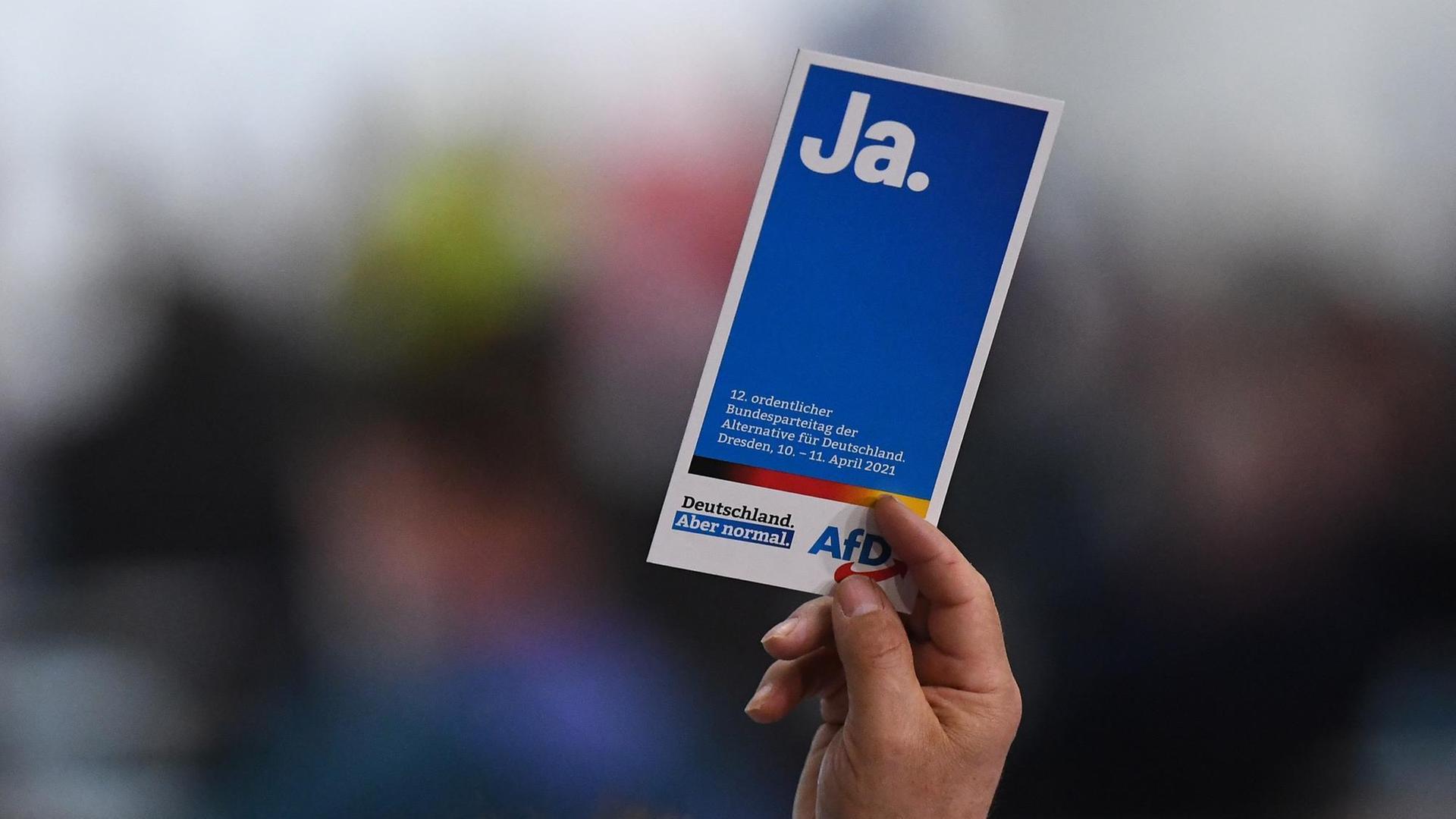Die Delegierten zeigen in der Dresdener Messehalle beim Bundesparteitag der AfD in Dresden ihre Stimmkarten am 10.04.2021. Die Delegierten zeigen in der Dresdener Messehalle beim Bundesparteitag der AfD in Dresden ihre Stimmkarten am 10.04.2021.