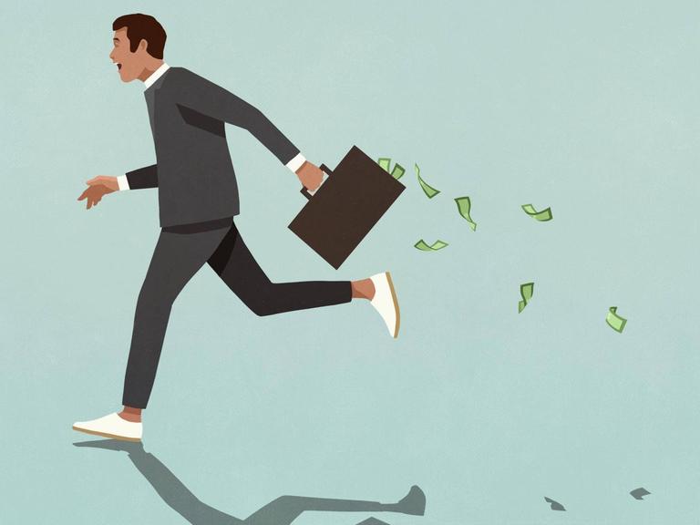 Ein Geschäftsmann rennt mit einem Koffer davon aus dem Geldscheine fliegen (Illustration)
