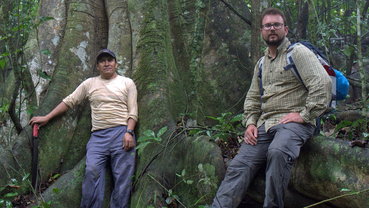 Der Tropenbiologe Arno Wielgoss steht mit dem Kakaobauer Louis Jonathan Callo an einem Baum im Bergregenwald von Peru. 