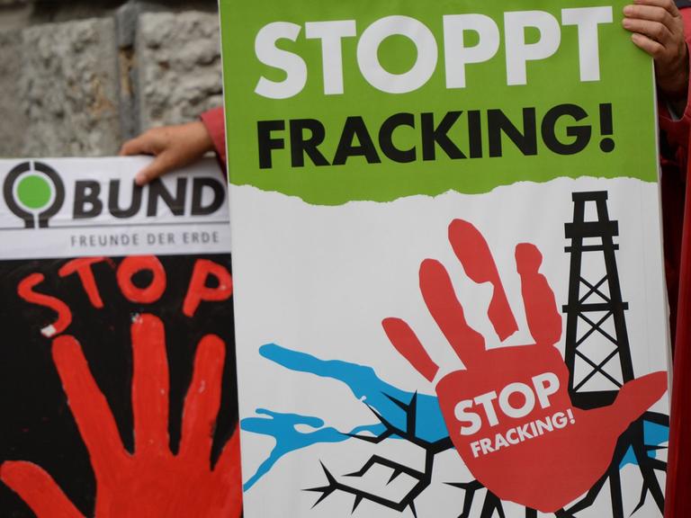 Mitglieder der Umweltschutzorganisation BUND (Bund für Umwelt und Naturschutz Deutschland) demonstrieren am 11.10.2014 in Pfullendorf (Baden-Württemberg) mit Plakaten "Stoppt Fracking" und "No Fracking" gegen die Erdgasfördermethode Fracking in Baden-Württemberg.