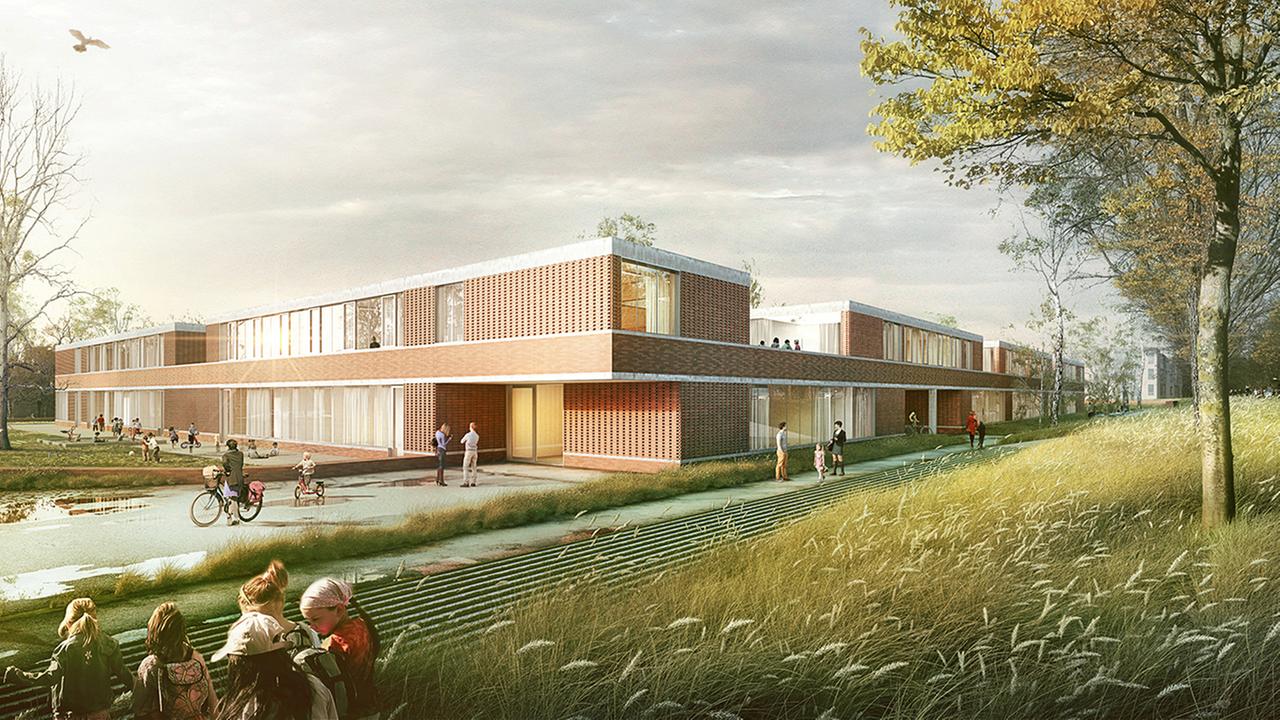 Kinder sitzen auf der Wiese und blicken auf ihren Kindergarten, einen modernen Bau. Kinder sitzen auf der Wiese und blicken auf ihren Kindergarten, einen modernen Bau.