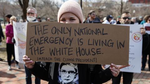 Eine junge Frau hält ein Pappschild mit der Aufschrift "Der einzige Nationale Notstand lebt im Weißen Haus. Setzt den Clown-Präsidenten ab!"