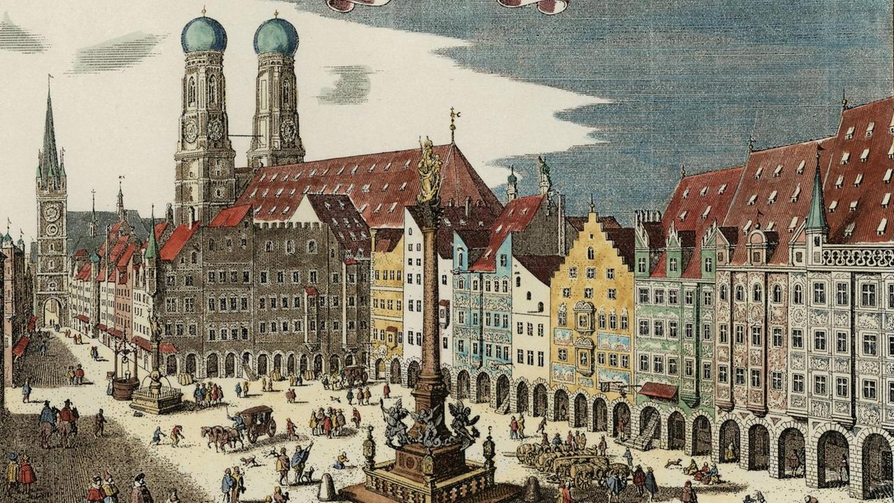 Der Kupferstich "München, Marienplatz. Der Marckt zu München" von Matthäus Merian d. Ä. (1593 - 1650). Aus: Topographia Bavariae. Spätere Kolorierung. Der Kupferstich "München, Marienplatz. Der Marckt zu München" von Matthäus Merian d. Ä. (1593 - 1650). Aus: Topographia Bavariae. Spätere Kolorierung.
