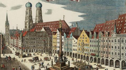 Der Kupferstich "München, Marienplatz. Der Marckt zu München" von Matthäus Merian d. Ä. (1593 - 1650). Aus: Topographia Bavariae. Spätere Kolorierung.