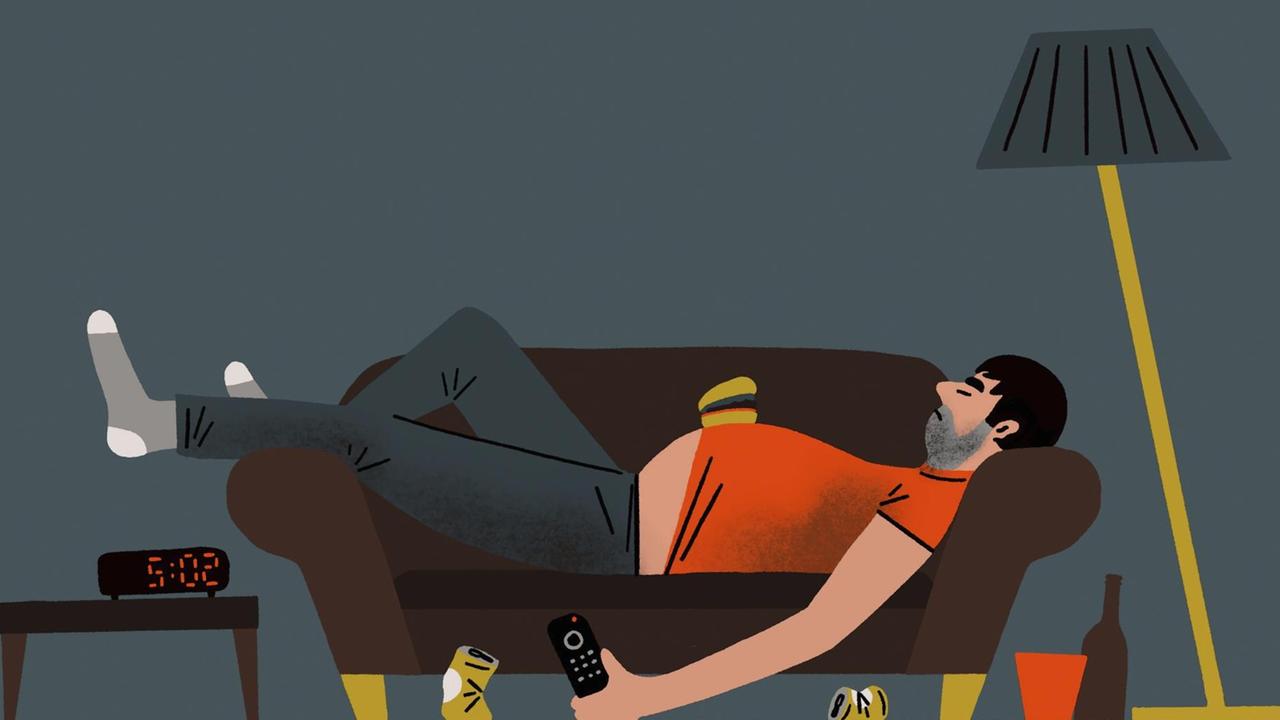 Eine Illustration zeigt einen schlafenden Mann auf der Couch, neben leeren Bierdosen und mit einem Burger-Rest auf dem Bauch. Eine Illustration zeigt einen schlafenden Mann auf der Couch, neben leeren Bierdosen und mit einem Burger-Rest auf dem Bauch.