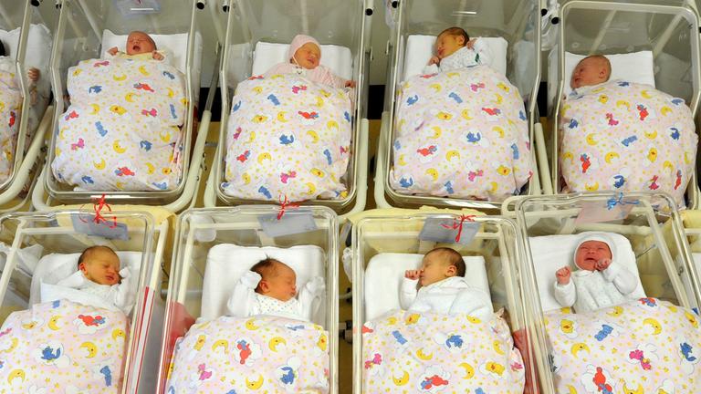 Viele Neugeborene in Bettchen auf einer Neugeborenenstation