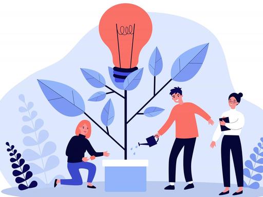 Illustration: Ein Startup-Team wässert gemeinsam eine Pflanze, aus der eine Idee in Form einer Glühbirne wächst.