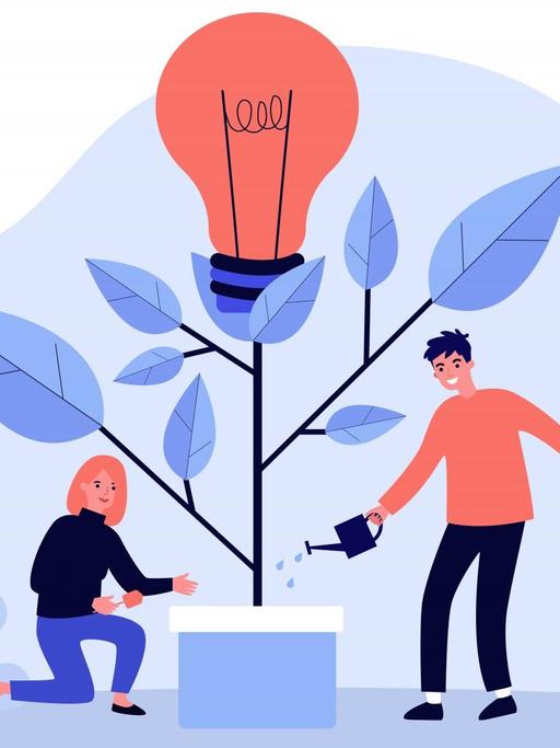 Illustration: Ein Startup-Team wässert gemeinsam eine Pflanze, aus der eine Idee in Form einer Glühbirne wächst.