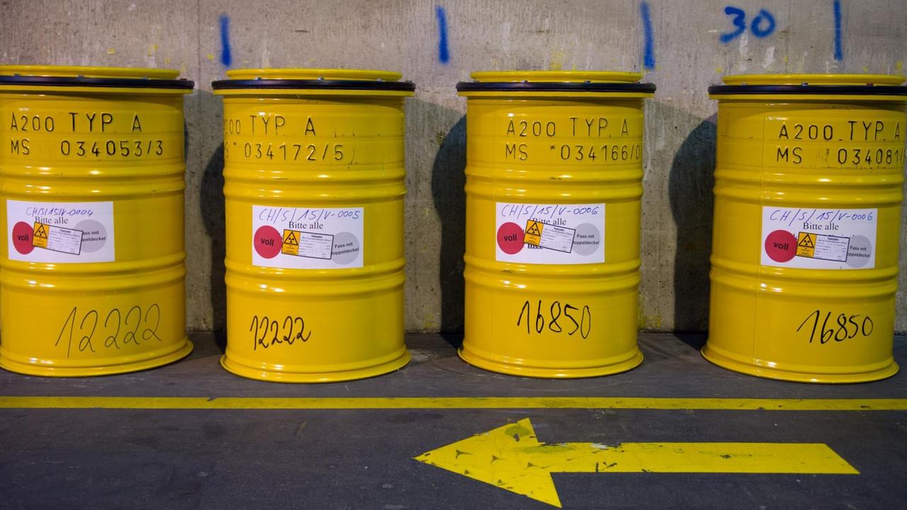 Gelbe Fässer mit radioaktivem Abfall stehen am 6. Mai 2015 neben einem Weg im Zwischenlager der Wiederaufarbeitungsanlage Karlsruhe (WAK) in Eggenstein-Leopoldshafen (Baden-Württemberg). Gelbe Fässer mit radioaktivem Abfall stehen am 6. Mai 2015 neben einem Weg im Zwischenlager der Wiederaufarbeitungsanlage Karlsruhe (WAK) in Eggenstein-Leopoldshafen (Baden-Württemberg).
