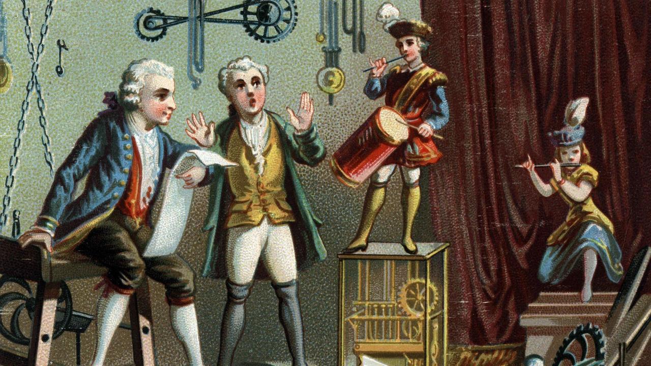 Illustration von Jacques de Vaucanson mit seiner Erfindung, dem Trommler. Illustration von Jacques de Vaucanson mit seiner Erfindung, dem Trommler.